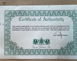 Certificate of Authenticity for Reproduction of Picasso's Erotic Gravures