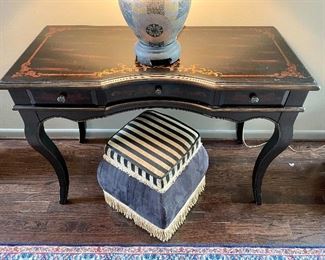 Allesandra Writing Desk - Measures 43" x 20" x 31" ($250) and Gold and Black Fringed Ottoman - Measures 17" x 17" x 18" ($80)