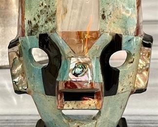 $80 - Aztec Mayan Burial Death Mask - Turquoise, Abalone, Mother Pearl, and Onyx - Measures 4" x 5.5"