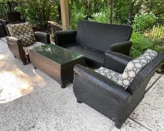 SOLD $850 - Lazy Boy 4-Piece Outdoor Patio Set - YOU MOVE - Chairs measure 36” x 34” x 34” - Sofa measures 76” x 33” x 34” - Table measures 45” x 23” x 19”. Minor wear noted on each piece.