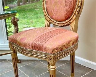 $300 PAIR - Louis XVI Inspired Upholstered Chairs - Measures 20.5" x 19" x 40.5". Minor damage on one frame. Ask for detailed images via text.