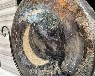$200 - Crescent moon painted foil vessel with stand - Vessel measures 19" Diameter and with stand measures 26" x 26.5".