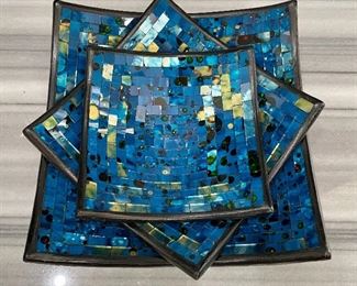 SOLD $38 - Three Piece Blue Mosaic Serving Pieces
