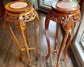 $100 each - Carved Rosewood Plant Stand with Marble Top - Measures 13" diameter and 35.5" tall - There are 2 of these!