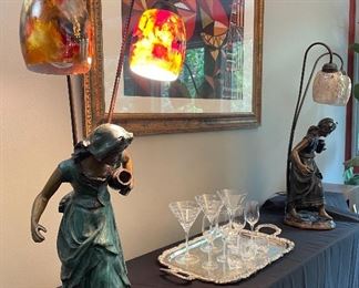 $300/each - Nuveau Bronze Lady Lamp - Measures 30.5" x 11.5". Both lamps need minor electrical adjustment.