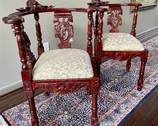 Close up of 19th Century Italian Carved Walnut Corner Chairs