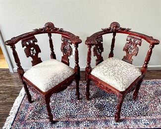 $1600 PAIR - 19th Century Italian Carved Walnut Renaissance Figural Corner Chairs with Upholstered Seats - Measures 21" x 21" x 36"