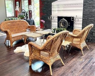 $500 - Three piece honey wicker set - includes 2 chairs and 1 loveseat - Chairs measure 30" x 25" x 32" and loveseat measures 54" x 24" x 34".