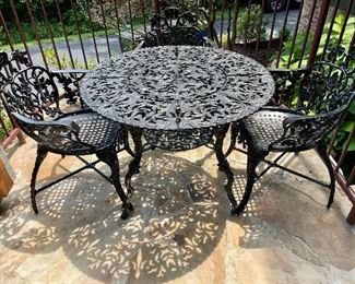 SOLD $350 - Decorative Bistro Table with 3 Chairs - Table measures 37” D x 27” H and Chairs measure 23” x 20” x 22”