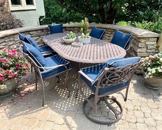 SOLD. $800 - Cast Aluminum Dining Table with 6 Chairs and Cushions - Table measures 85” x 42” x 29”, Set of 4 Chairs measure 25” x 19” x 34”, Set of 2 chairs measure 24.5” x 21.5” x 33.5”. Color of metal leans more brown than black.