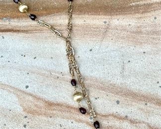 $400 - 14K Gold Chain Necklace with Gold Beads and Garnets