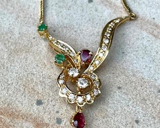 $800 - 18K Balestra Necklace with Diamond, Ruby, and Emerald - Clasp marked "750"