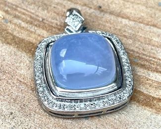 $450 - 14k white gold pendant with chalcedony stone and diamonds