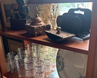 Dining Room 
Bank, copper & brass desk set, etched tumbler set,