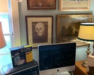 Office 
Mac computer, hp printer, scanner, artwork, sewing machine bottom