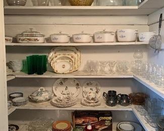 Upstairs Combo Room 
Pantry full
Corning ware 
Dishes
Old glass bottles 