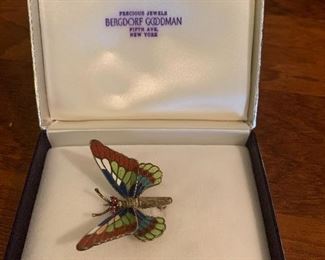 Case Table 
Martine enamel butterfly 14k gold & ruby pin from Bergdorf Goodman