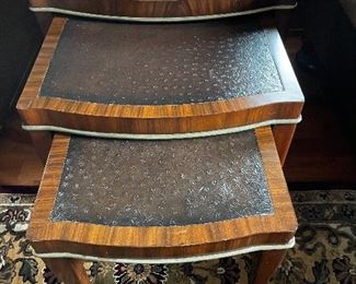 Trio of nesting tables wood & leather 