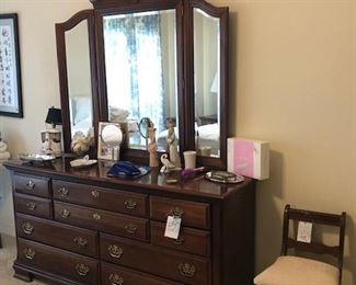 Broyhill dresser with triple mirror, vanity seat