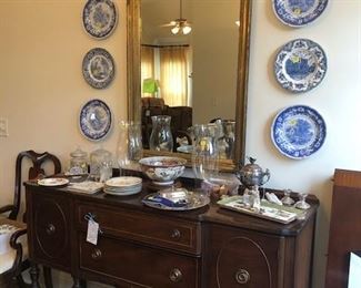 Vintage Sideboard, large mirror, Lladro nativity, blue and white decor, silverplate misc.