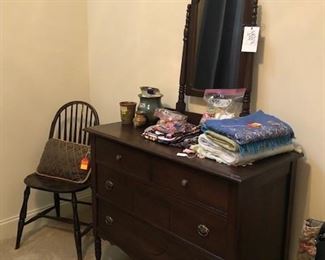 vintage dresser and chair, scarves, pottery pieces