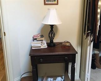 vintage one drawer table, blue nativity, lamp, beach pictures