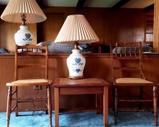 Caned chairs, lamps & end table