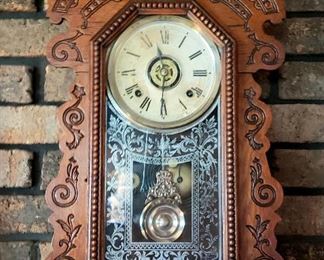 "This clock is an "Aingerbread" kitchen clock 1880s. It is a 30 hour clock. What is different is it has an alarm on it, which is very hard to find. Years ago they sold in the Sears catalogue for $1.95 to $2.98.  