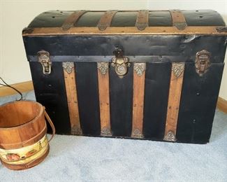 Wooden bucket & old tin clad trunk