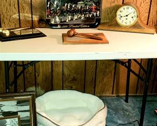Frames, dog bed, gavels, tray & clock