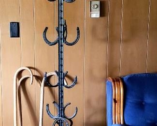 Coat rack made of real horse shoes, fence post & vintage milk can