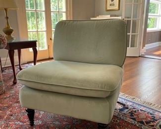 Pair of sea-foam green velvet upholstered slipper chairs - one shown. Each measures 30" W x 30" D x 35" H; seat height is 20".