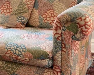 Custom upholstered Gilliam Thompson Sofa in Thibaut fabric. Measures 80" W x 36" D. Arm height is 30" H. Photo 2 of 3.