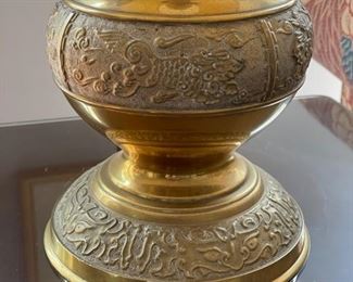 Pair of mid-century solid carved brass table lamps with Koi fish detailing. Circa 1950. Hong Kong. Photo 3 of 4.