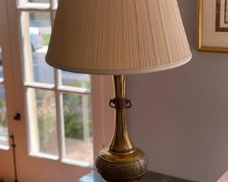 Pair of mid-century solid carved brass table lamps with Koi fish detailing. Circa 1950. Hong Kong. Photo 1 of 4.