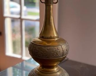 Pair of mid-century solid carved brass table lamps with Koi fish detailing. Circa 1950. Hong Kong. Photo 2 of 4.