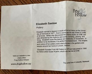 Elisabeth Saslaw pale yellow vase. Signed by artist. Measures 8" H. Photo 3 of 3.