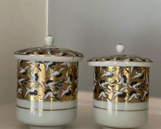 Pair of decorative black and gold Yamazaki lidded jars. Made in Japan. Photo 1 of 2.