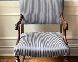 Stunning antique mahogany dining room table set! Circa 1920. Chairs are updated with modern French blue ticking upholstery. There are two arm chairs and six side chairs. Photo 3 of 6.