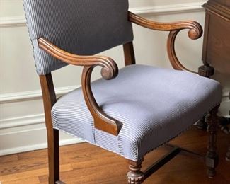 Stunning antique Jacobean-style mahogany dining room table set! Circa 1920. Chairs are updated with modern blue ticking upholstery. There are two arm chairs and six side chairs. Photo 4 of 6.