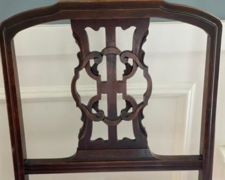 Stunning antique mahogany dining room table set! Circa 1920. Chairs are updated with modern blue ticking upholstery. There are two arm chairs and six side chairs. Photo 6 of 6.