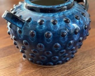 Blue ceramic jug with handles. Made in China. Photo 1 of 2.