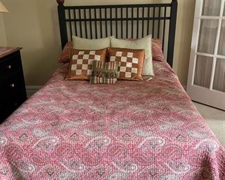 Full size ebony wood headboard. Paisley quilt and shams. Two checkerboard decorative pillows from Istanbul. Mattress and box spring. All items sold together or separately.