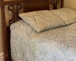 Full size carved wood headboard. Blue paisley quilt and shams. Mattress and box spring. All items sold together or separately.