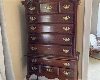 Vintage Kincaid Cherry Mountain II Queen Anne Style Tall Highboy Dresser Chest Drawers. Measures 36" W x 16" D x 76" H.