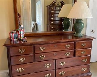 Vintage Kincaid Cherry Mountain Collection 10-drawer dresser and mirror. Measures 62" W x 20" D x 35" W.
