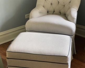Tufted back chair and ottoman upholstered in blue ticking. Ottoman has contrasting navy blue piping. Chair measures 27" W x 31" D; ottoman is 27" x 20". Photo 1 of 2.