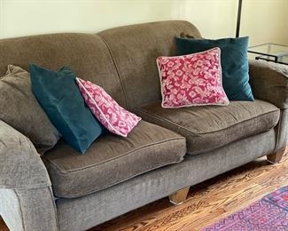 Chenille upholstered sofa. Measures 74" W x 40" D.