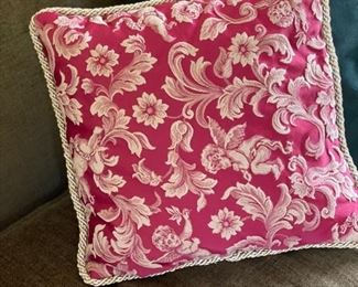 Down-filled red floral pillow. Measures 15" x 15". Two available.