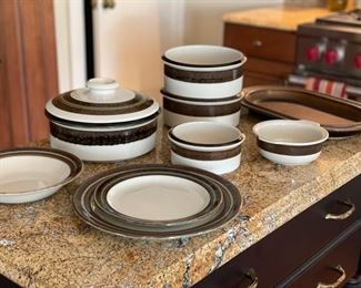 Vintage Karelia by Arabia of Finland dinnerware complete service for 8. Set includes dinner and salad plates, soup bowls, 1 covered casserole, 2 medium casseroles, 1 small casserole. One Ruska brown platter available, too. Photo 1 of 2.